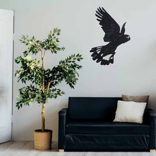 White Tailed Black Cockatoo Metal Wall Art on Wall