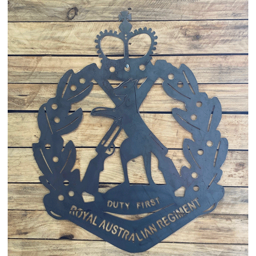 Royal Australian Regiment Metal Badge Raw Finish Wooden Background
