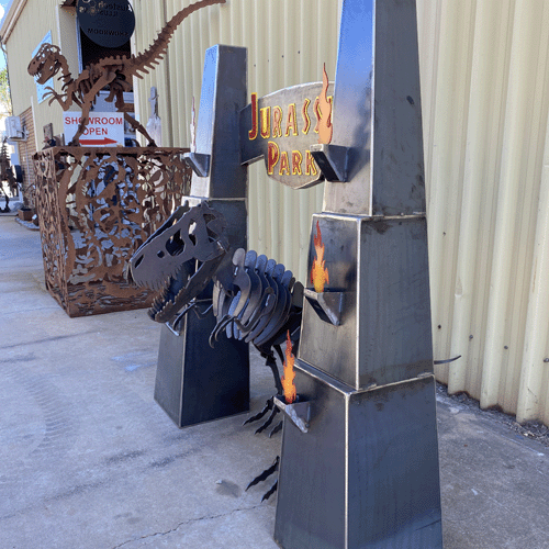 Jurassic Park Entrance - Medium Metal Art - Raw Finish Side View with Trex
