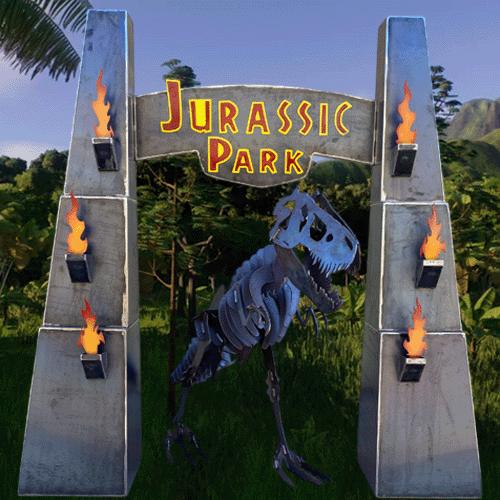 Jurassic Park Entrance - Medium Metal Art - Raw Finish with Trex