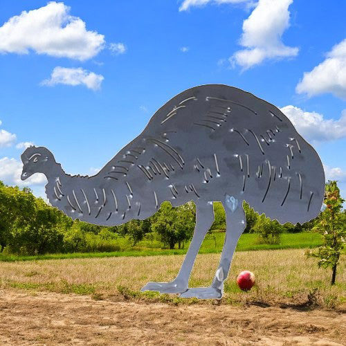 Rustic Feeding Emu Garden Stake - Raw Finish Metal Art