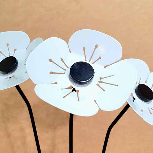 Flower - White Poppy on Stake - Metal Art - Small 100mm Wide Close Up