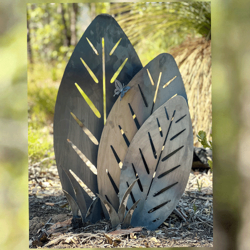 Cane Leaf Garden Sculpture with 3 Leaves on Square Base - Pair