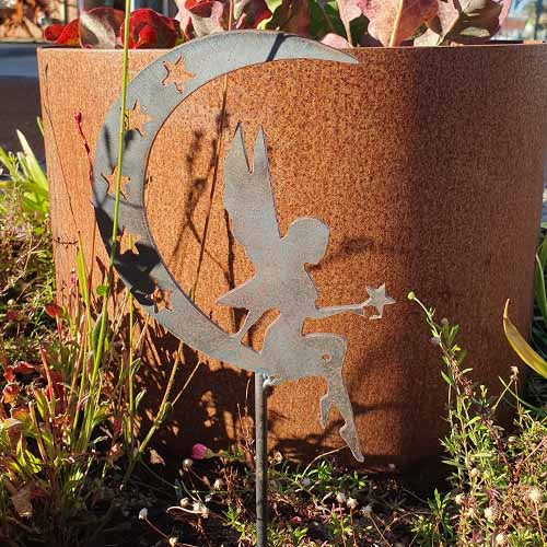 Fairy & Moon on Stick Metal Art Small Rusty