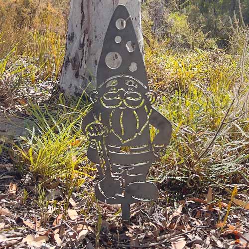 Gnome Metal Garden Stake in Bush Setting