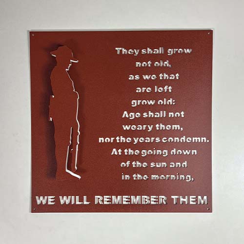 Anzac Ode Poem with 3D Soldier Wall Art Raw Powder Coated Clear Coat Patina