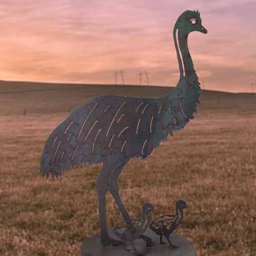 Emu Standing and Chicks on Round Base