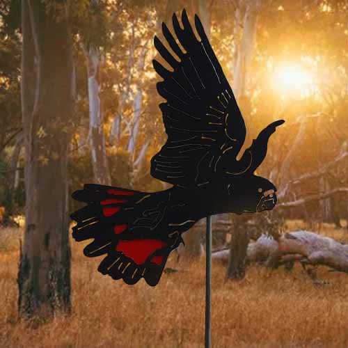 Red Tail Black Cockatoo Metal Art on Stake