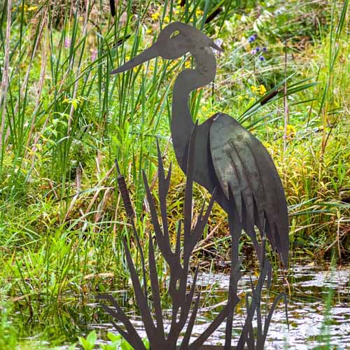 Heron and Reeds Sculpture - Metal Art - Raw Finish in Wetlands Scene