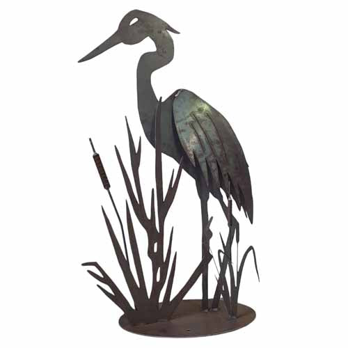 Heron and Reeds Sculpture - Metal Art - Raw Finish