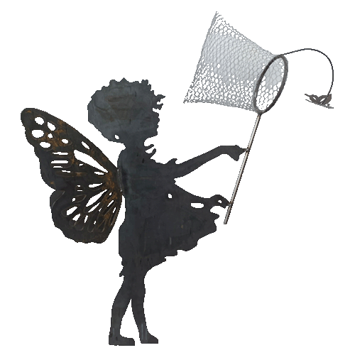 3d Metal Fairy with a net catching a butterfly