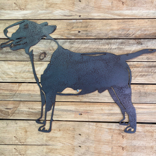 English Bull Terrier Silhouette Metal Art On Wood Background