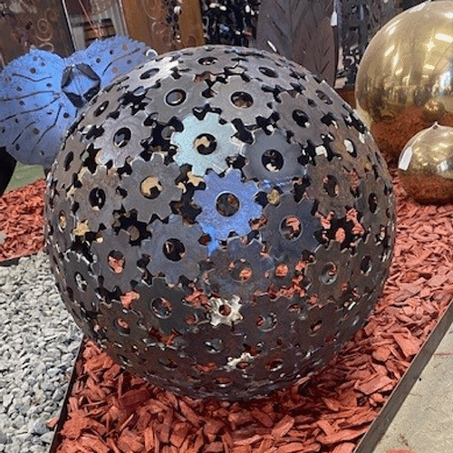 Cog Ball Metal Art in Garden