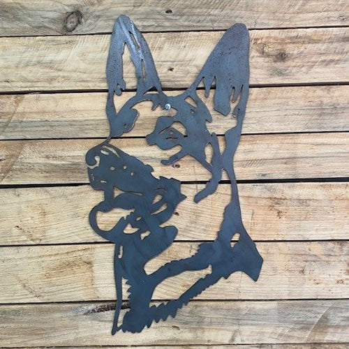 German Shepherd Dog Head Metal Art on Wooden Background