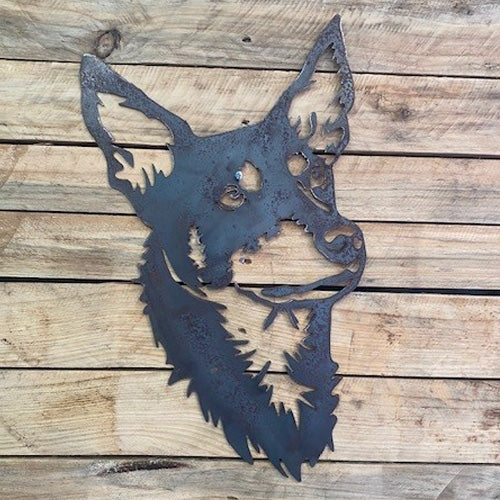 Australian Kelpie Dog Head Metal Art on Wooden Background