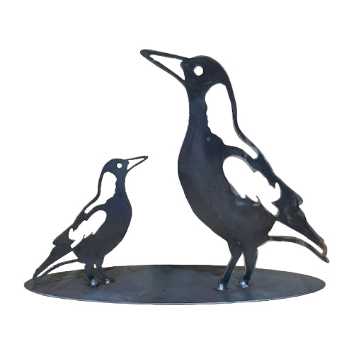 Magpie & Baby on Oval Base - Metal Art - Raw Finish