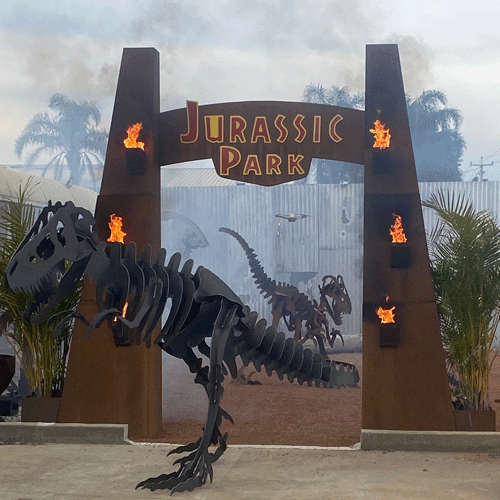 Jurassic Park Entrance Large Metal Art - Raw Finish With Trex and Smoke