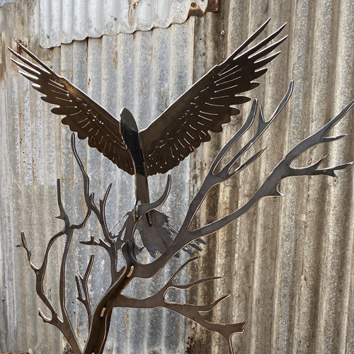 Red-Tailed Black Cockatoo 3D in Tree with Round Base - Raw Finish Metal Art Close Up