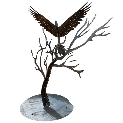 Red-Tailed Black Cockatoo 3D in Tree with Round Base - Raw Finish Metal Art No Background