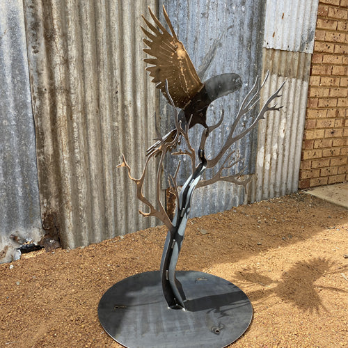 Red-Tailed Black Cockatoo 3D in Tree with Round Base - Raw Finish Metal Art Side View