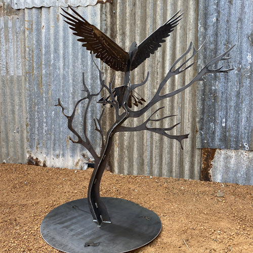 Red-Tailed Black Cockatoo 3D in Tree with Round Base - Raw Finish Metal Art