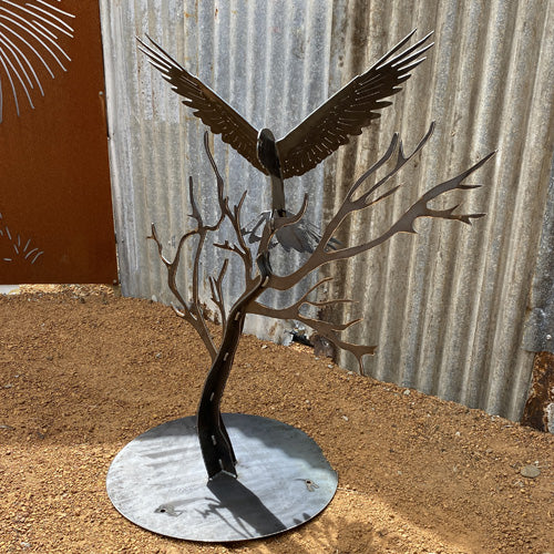 Red-Tailed Black Cockatoo 3D in Tree with Round Base - Raw Finish Metal Art