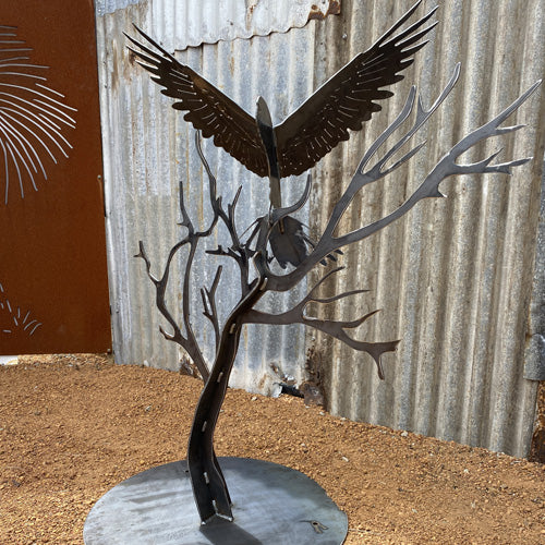 Red-Tailed Black Cockatoo 3D in Tree with Round Base - Raw Finish Metal Art