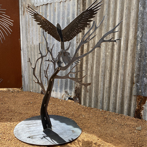 Red-Tailed Black Cockatoo 3D in Tree with Round Base - Raw Finish Metal Art