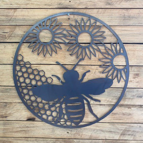 Bee with Flowers in Circle - Metal Wall Art Raw Finish