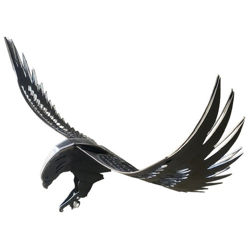 3D Metal Eagle Sculpture Landing on Log - Small - Raw Finish  in flight side view
