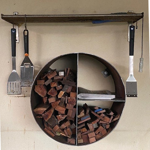 Small round 3 compartment raw steel wood holder for newspaper kindling and firewood on Wall