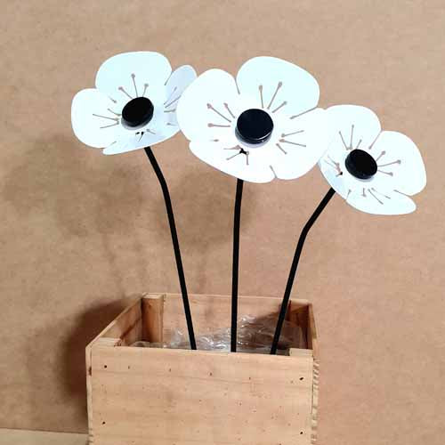 Flower - White Poppy on Stake - Metal Art - Small 100mm Wide
