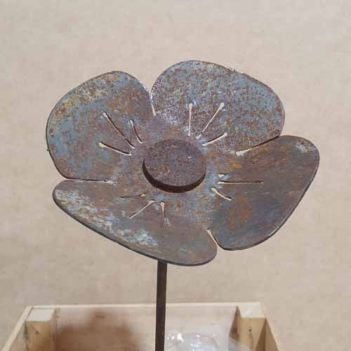 Flower - Poppy on Stake - Metal Art - Raw Finish - Small 100mm Wide Close Up