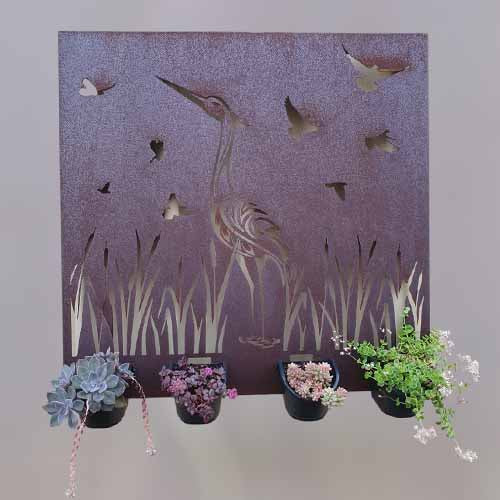Living Wall - Heron - Metal Garden Art Feature - Includes 4 Pots