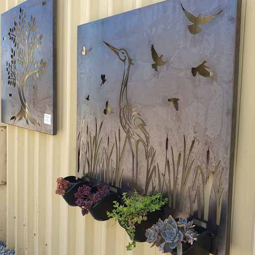 Living Wall - Heron - Metal Garden Art Feature Side View - Includes 4 Pots
