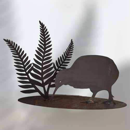 Kiwi Bird and Fern on Base - Metal Art - Raw Finish