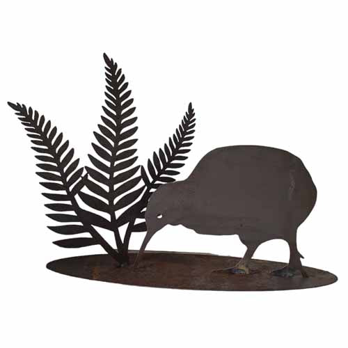 Kiwi Bird and Fern on Base - Metal Art - Raw Finish