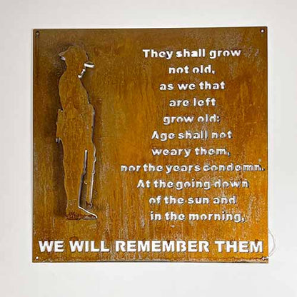 Anzac Ode Poem with 3D Soldier Wall Art Raw Powder Coated Clear Coat Patina