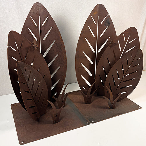 Cane Leaf Garden Sculpture with 3 Leaves on Square Base - Pair