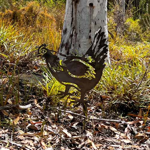 Hen Metal Garden Stake in Bush Setting