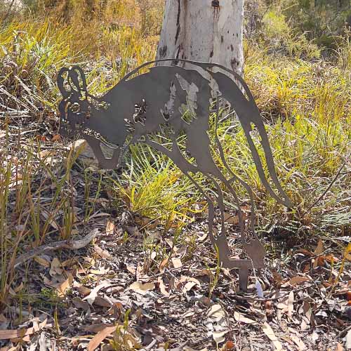 Metal Art Kangaroo Garden Stake n Bush Setting