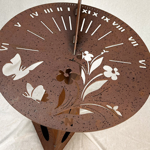 Sundial Functional Metal Flowers & Butterfly on Stand Close Up